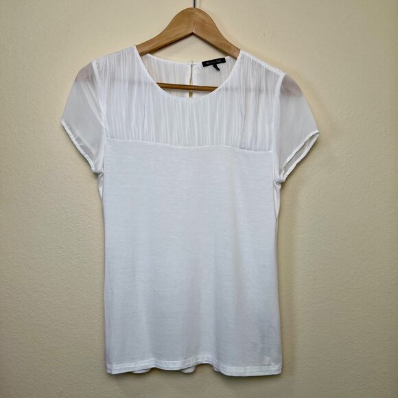 MASSIMO DUTTI White Short Sleeve Blouse With Sheer Pleated Top Size Medium - Picture 6 of 8